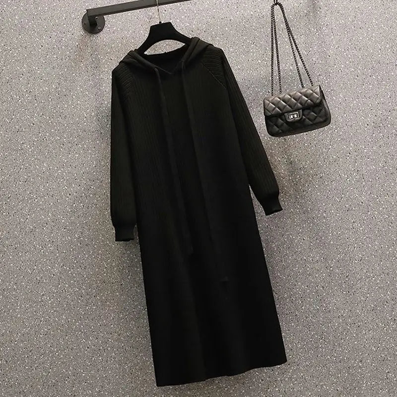 Plus Size 5XL 150KG Casual Women Knitted Maxi Dress Spring Elegant Ribbed Long Sleeve Dress Ladies Hooded Dress