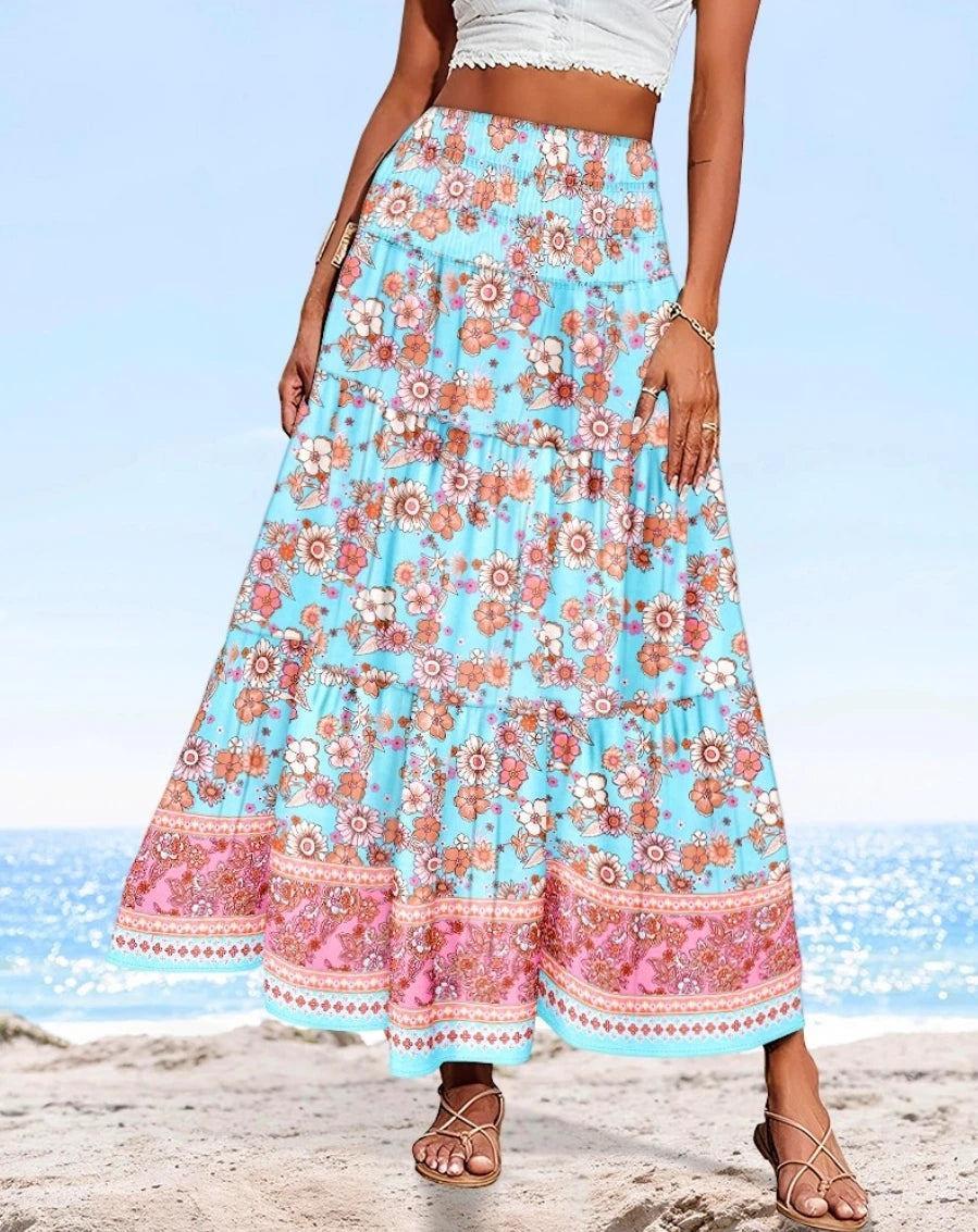 Smocked Tiered Boho Floral Maxi Skirt