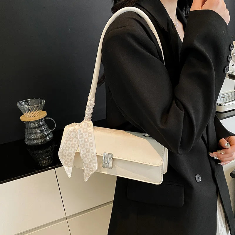 Trendy Elegant Shoulder Purse ,with Silk Scarf Accent Rhinestone Buckle Handbag Versatile Women's Bags Daily Casual Underarm Bag