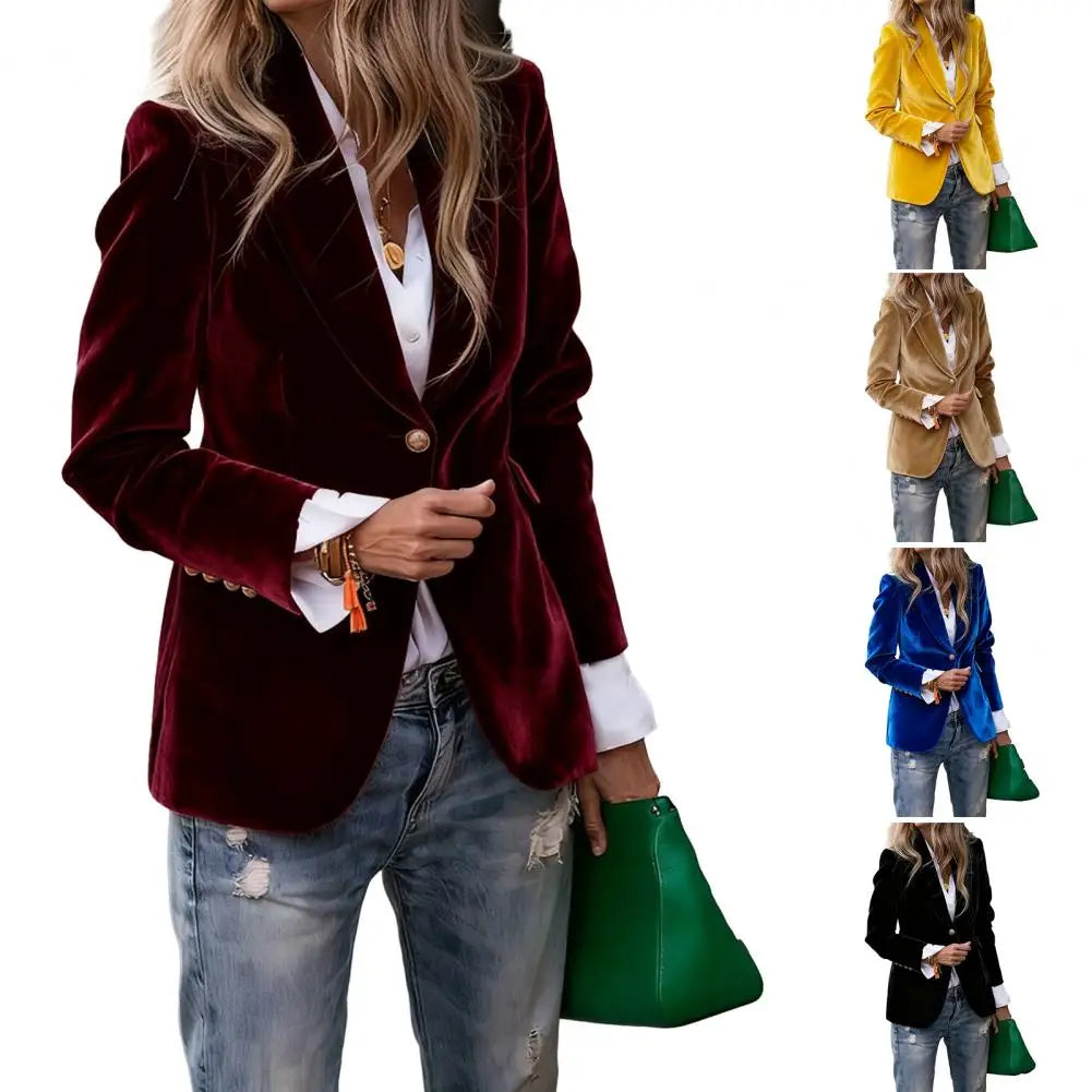 Elegant Velvet Blazer for Women Single Button Lapel Female Blazer Jacket Slim Fit Office Lady Outerwear Coat Spring Autumn Women