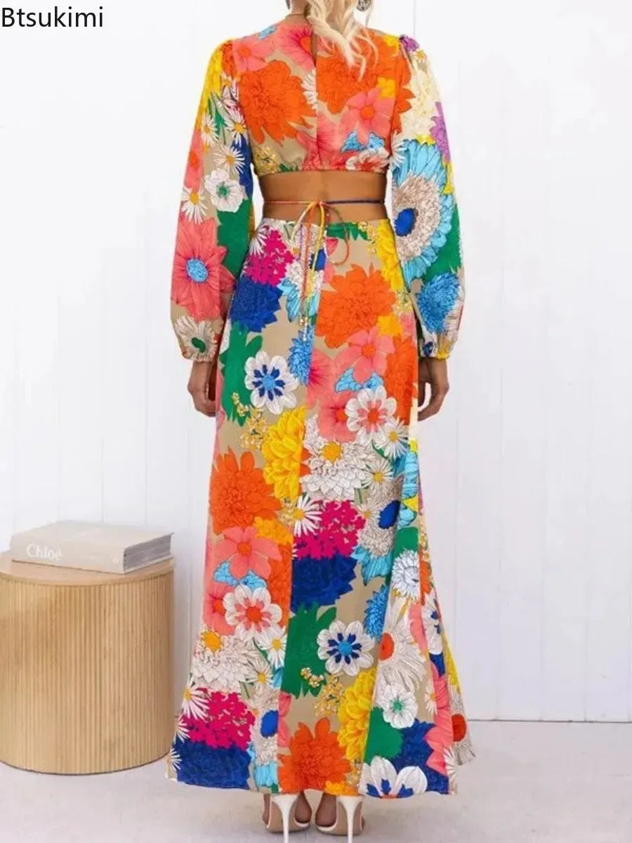 Boho Floral Lace-Up A-Line Maxi Dress