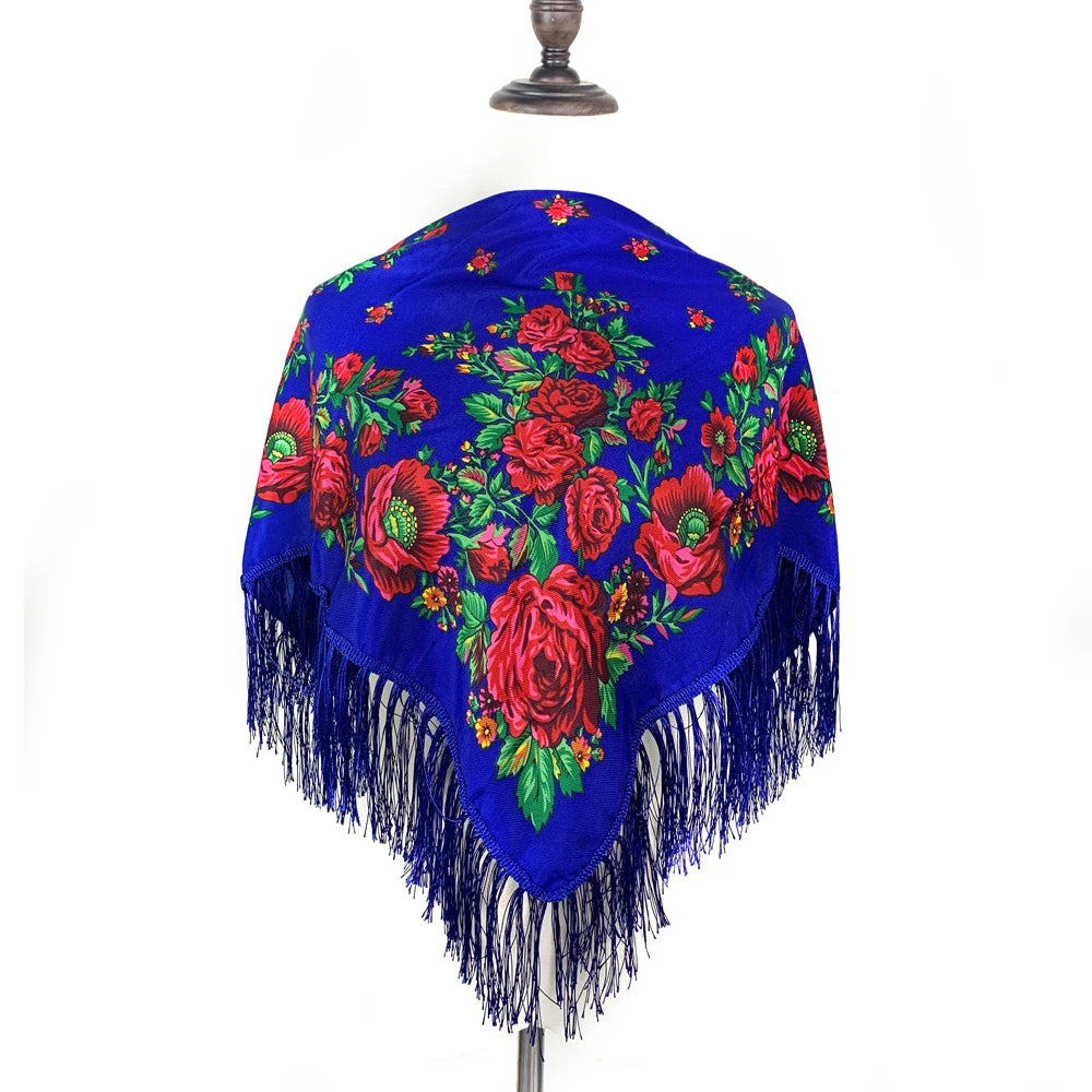 Russian Square Scarf Women Luxury Floral Print Fringed Bandana Scarves Pareo Lady Headband Scarves Babushka Head Wraps