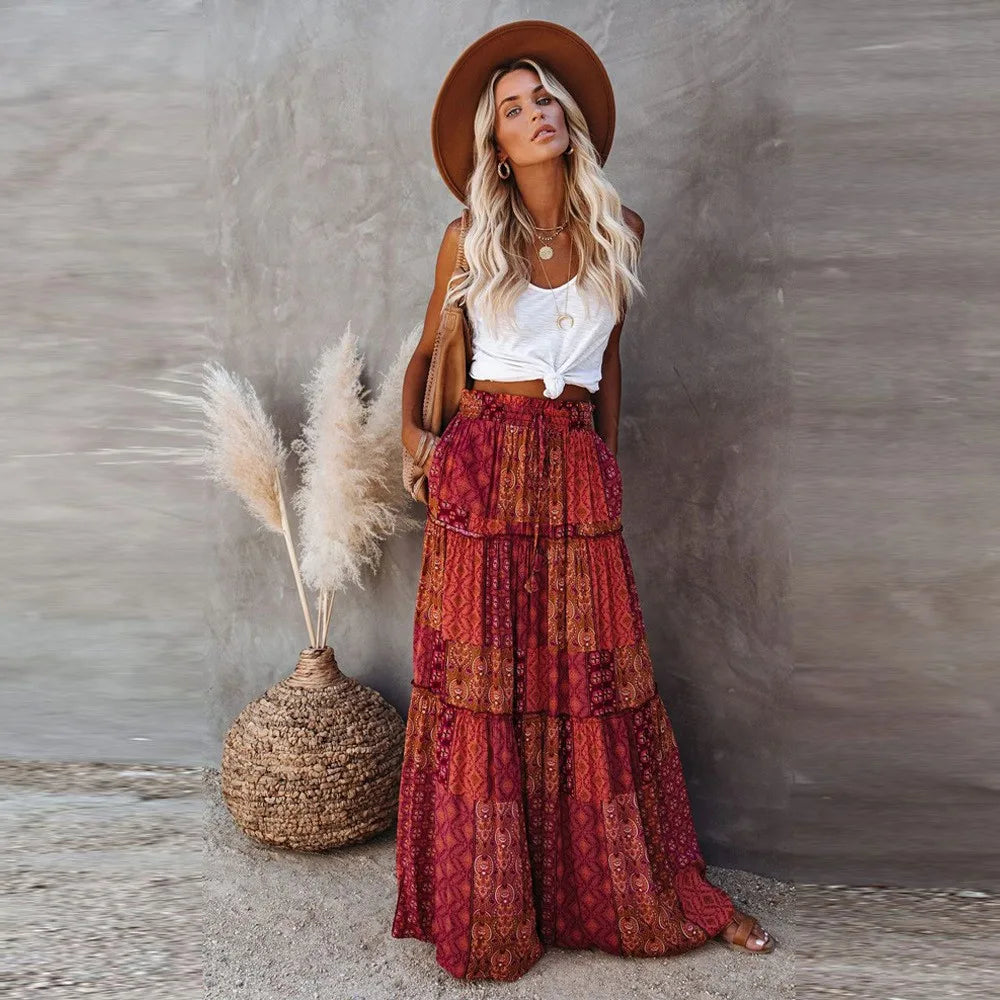 Floral Pocket Belted Pleated Maxi Skirt