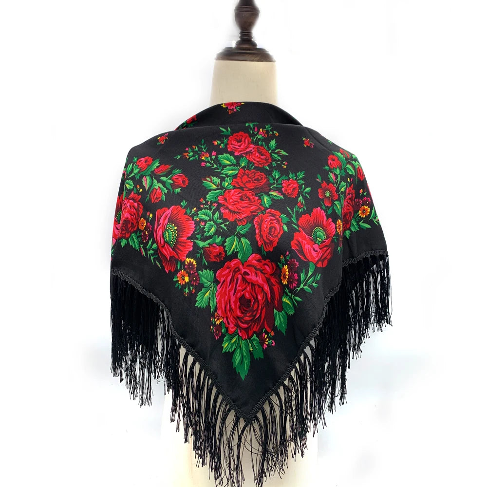 Russian Square Scarf Women Luxury Floral Print Fringed Bandana Scarves Pareo Lady Headband Scarves Babushka Head Wraps