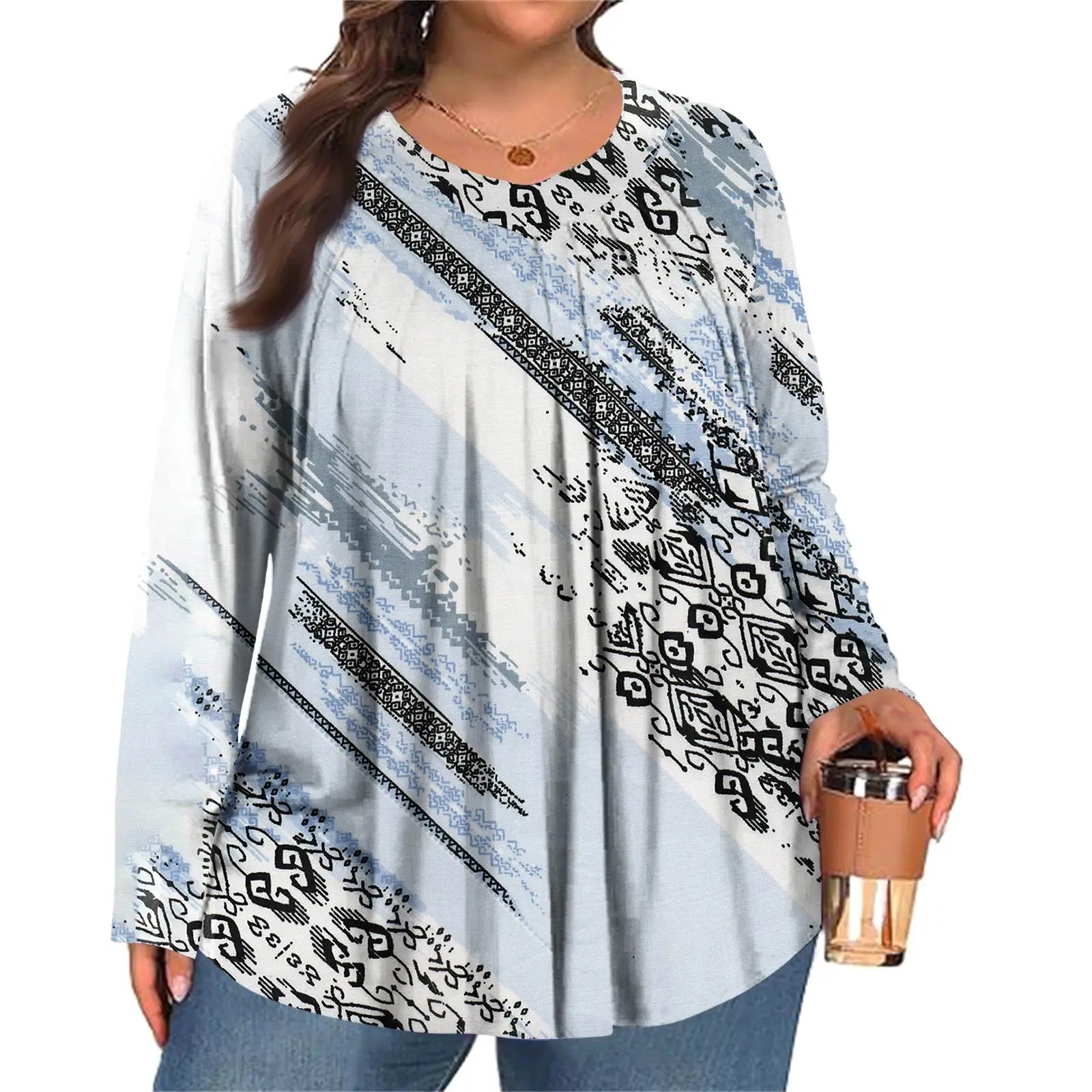 Plus Size Long Sleeve Top for Women Fashion Retro Floral Print Pleated Round Neck T-shirt Female Casual Autumn Base Shirt