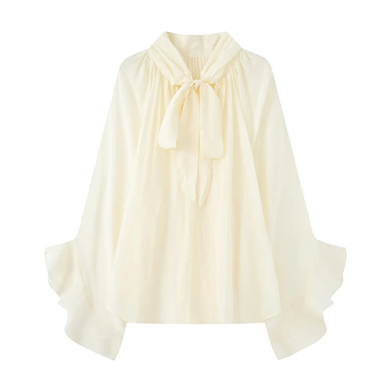 Perspective Women Shirt 2025 Autumn New Bow Tied Blouse Woman Tops Lady Ruffles Flare Sleeve Loose Elegant Blouses