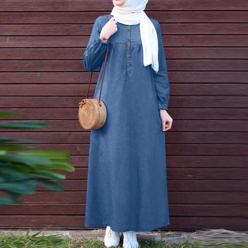 ZANZEA Denim Blue Muslim Hijab Abaya Robes Autumn 2024 Long Sleeve Loose Casual Islamic Maxi Dress Solid Women Kaftan Dresses