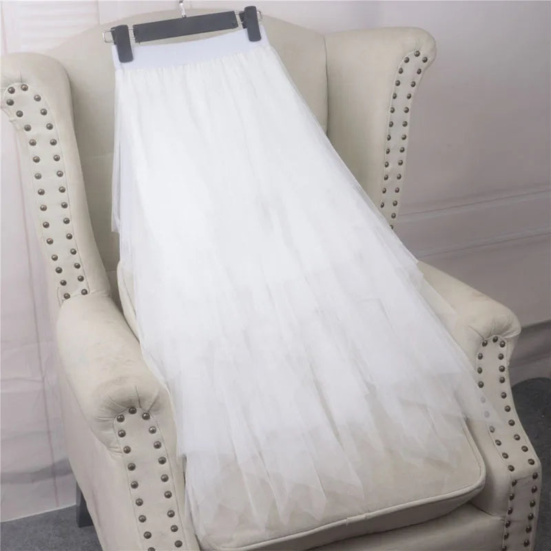 Long Mesh Skirt For Women 2025 Summer Tulle Skirt Women High Waist Maxi Skirt Spring Elastic Waist Adult Tutu Skirts Jupe Longue
