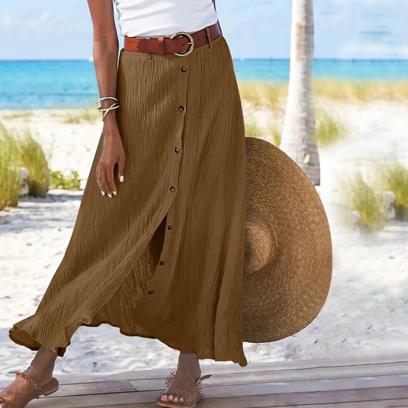 Cotton Linen Button-Front A-Line Maxi Skirt