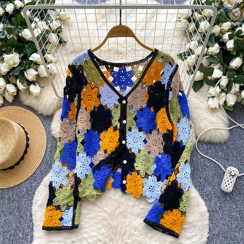 Hollow Out Bohemian Cardigans Women V neck Long Sleeve Colorful Floral Top Fashion Vintage Vacation Beach Loose Blouse