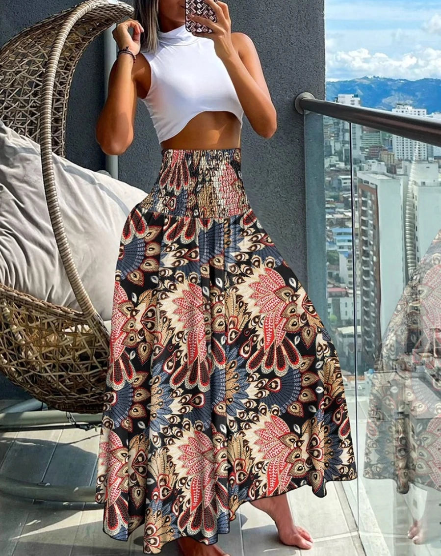 Women's High Waist Elastic Printed Long Skirt A-Line Flowy Maxi Skirt Bohemian Style Casual Beach Skirt
