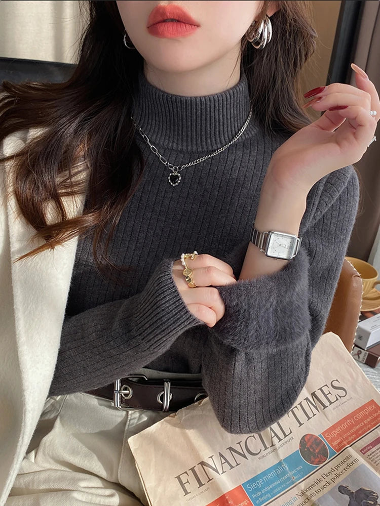 Women's Turtleneck Sweater Winter 2026 with Velvet Lining Thickened Inner Wear Thermal Knitting Bottoming Shirt Pullovers
