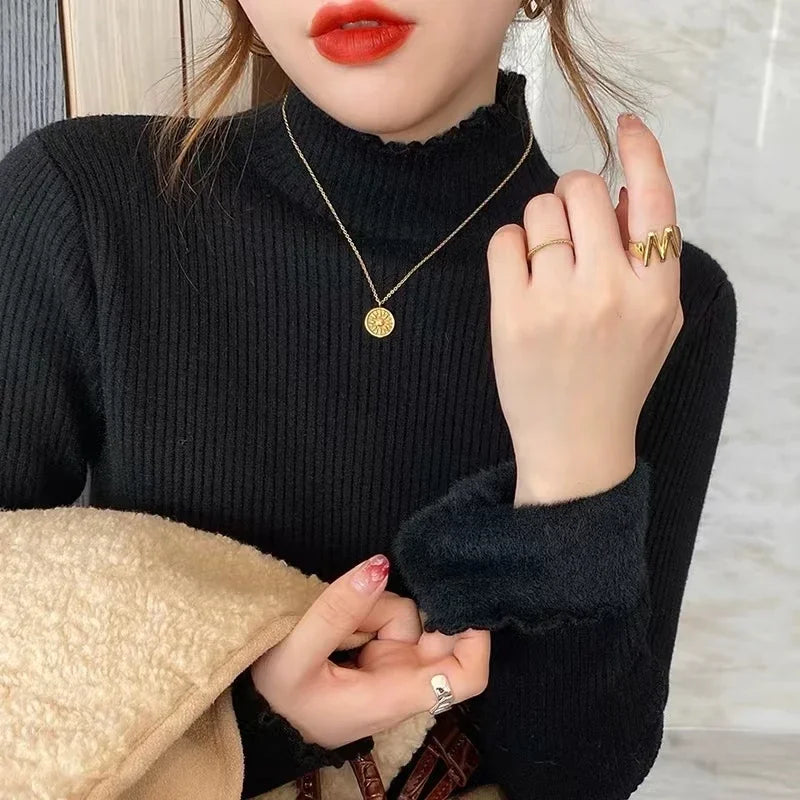 New Autumn/winter Velvet Thick  Sweater Women's Casual Half High Collar Cozy  Pullover Elegant Office Lady Warm Base Knit Top