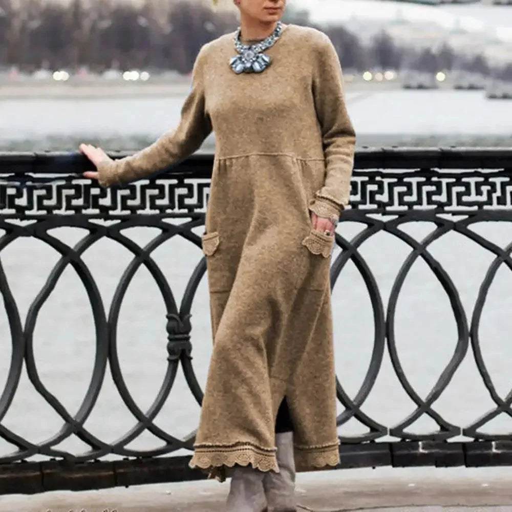 2024 Autumn Winter New Long Dresses For Women Flower Lace Edge Loose Maxi Dress Casual Long Female Solid Color Pocket Vestidos