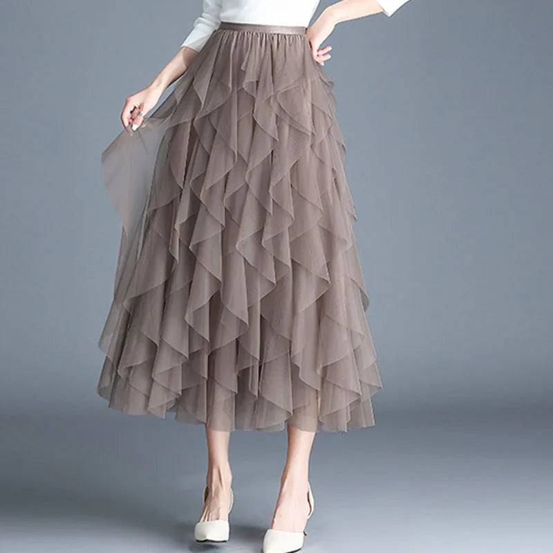 Long Mesh Skirt For Women 2025 Summer Tulle Skirt Women High Waist Maxi Skirt Spring Elastic Waist Adult Tutu Skirts Jupe Longue