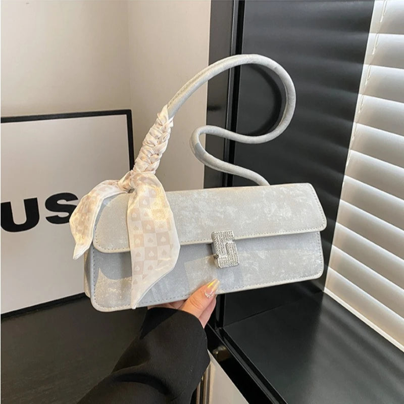Trendy Elegant Shoulder Purse ,with Silk Scarf Accent Rhinestone Buckle Handbag Versatile Women's Bags Daily Casual Underarm Bag