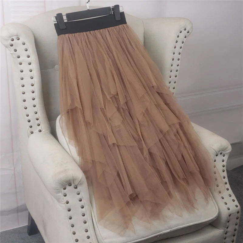 Long Mesh Skirt For Women 2025 Summer Tulle Skirt Women High Waist Maxi Skirt Spring Elastic Waist Adult Tutu Skirts Jupe Longue