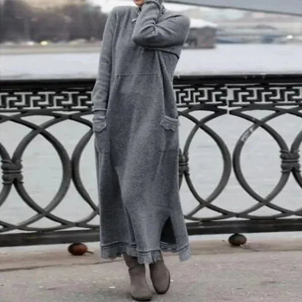 2024 Autumn Winter New Long Dresses For Women Flower Lace Edge Loose Maxi Dress Casual Long Female Solid Color Pocket Vestidos