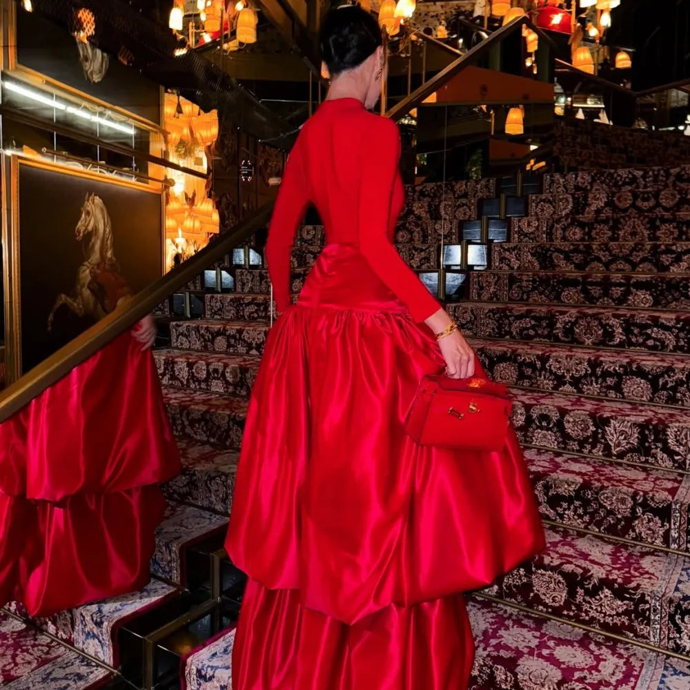 Red Satin Long Maxi Skirts  High Waist Two Layers Women Birthday Skirts Christmas Wear 2026 Celebrity Bridal Skirt