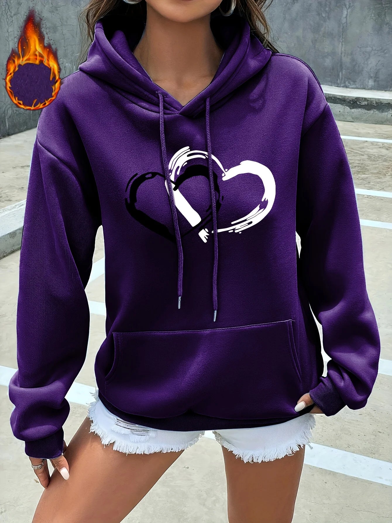 Heart Print Kangaroo Pocket Hoodie Casual Long Sleeve Drawstring Hoodies Sweatshirt for Winter & Autumn Women's Clothing