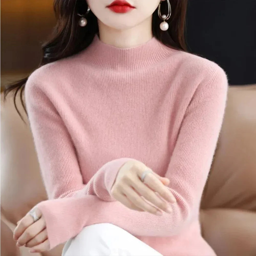 Temperament Pleated Pullover Sweater For Women Long-Sleeve Female S-2XL Siz Half High Collar Underlay Sleeve Sweater Slim Fit