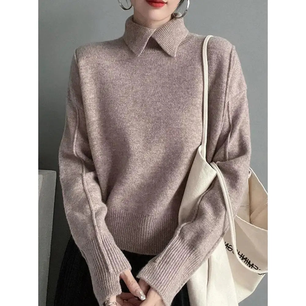 2025 Autumn Women Warm Shirt Turn-down Collar Solid Knit Pullover Winter Elegant All-match Long Sleeve Sweater Lady Elegant Tops