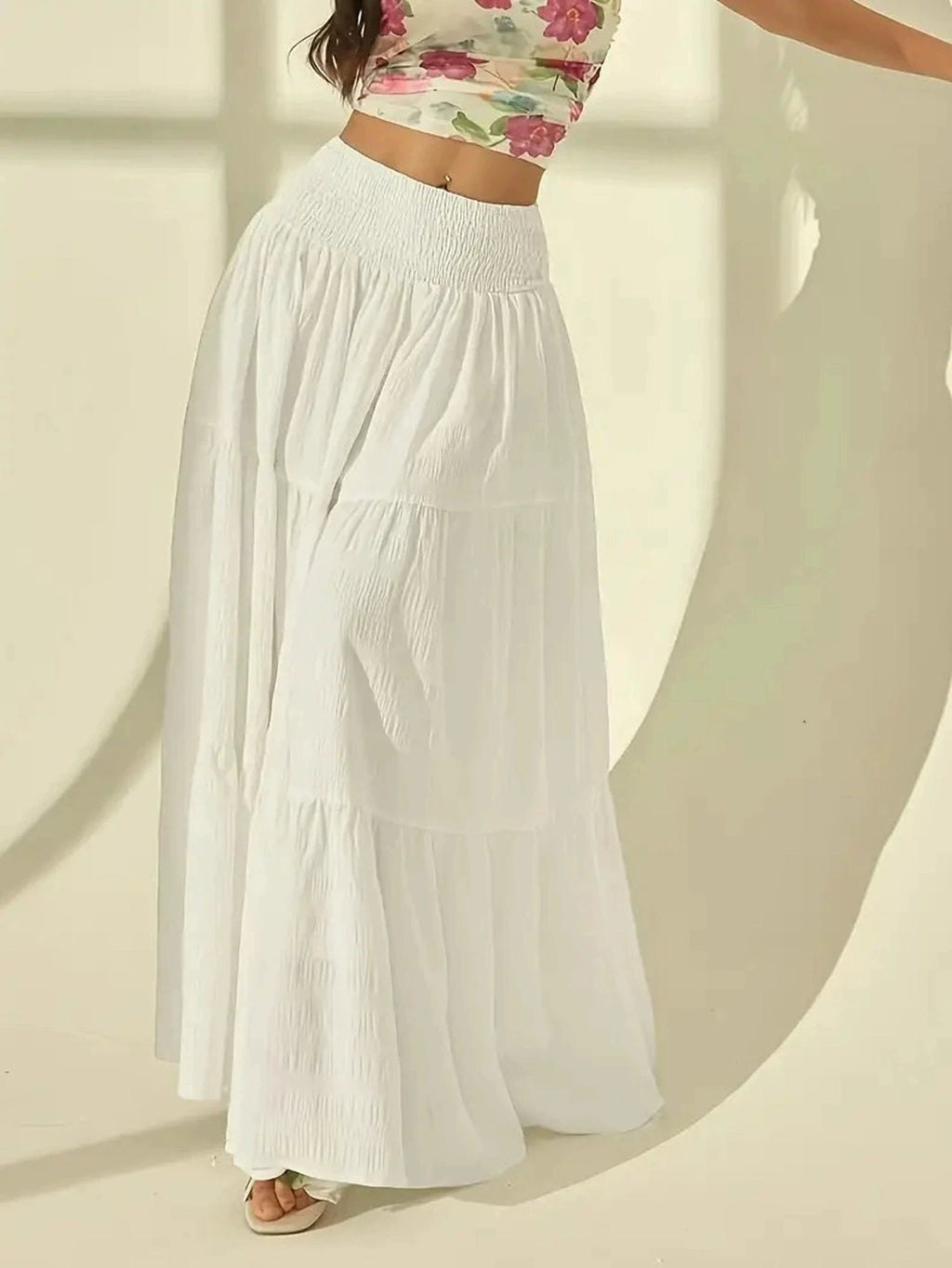Summer Women White Tiered Maxi Skirt, High Waisted Elastic Waist Pleated Flowy Long Skirt