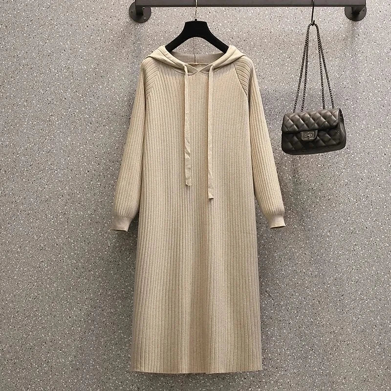 Plus Size 5XL 150KG Casual Women Knitted Maxi Dress Spring Elegant Ribbed Long Sleeve Dress Ladies Hooded Dress