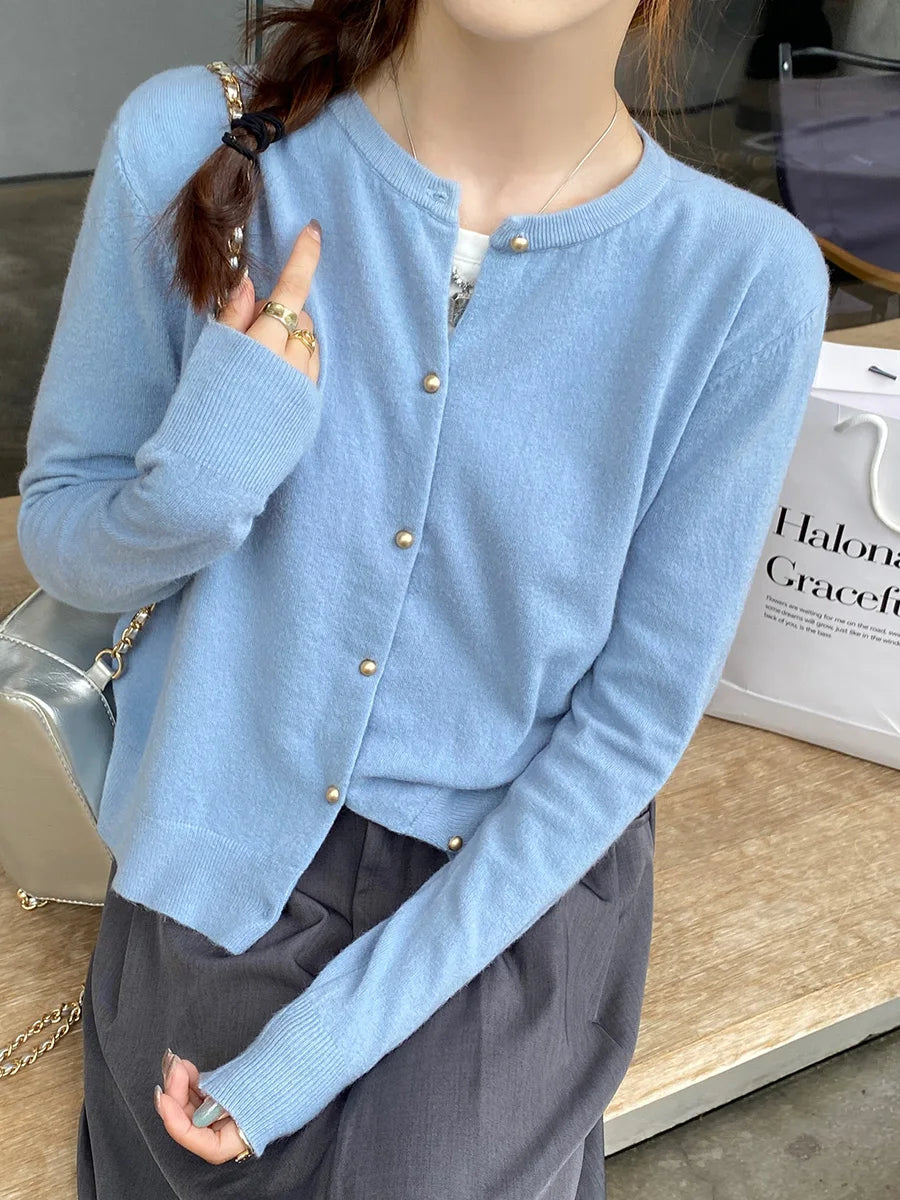Knitted Women Cardigans New Long Sleeve O-Neck Black Knit Cardigan Women Tops Knitwears Sueters De Mujer Q1054