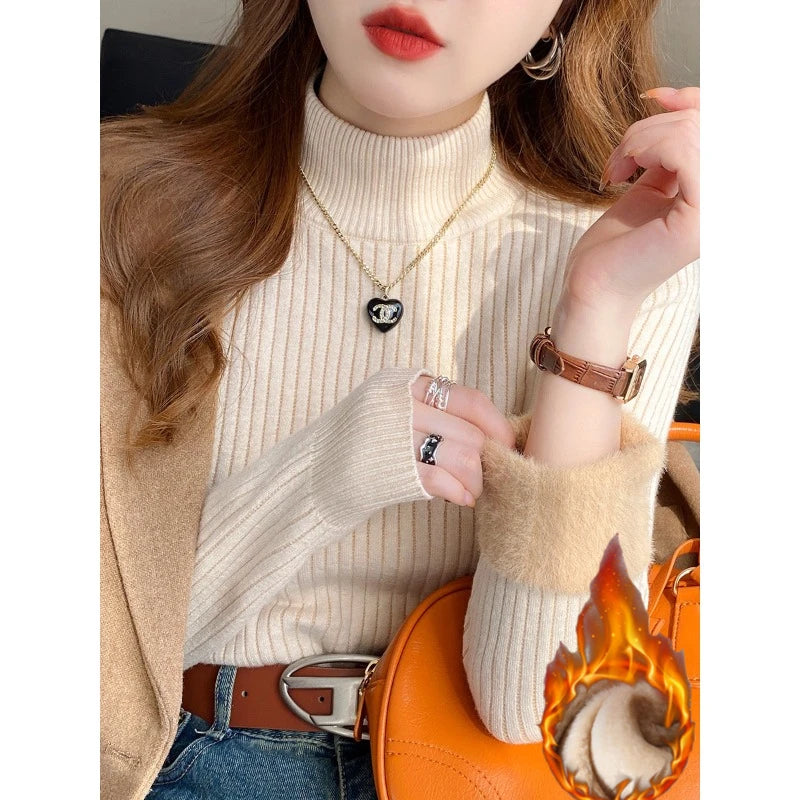 Women's Turtleneck Sweater Winter 2026 with Velvet Lining Thickened Inner Wear Thermal Knitting Bottoming Shirt Pullovers