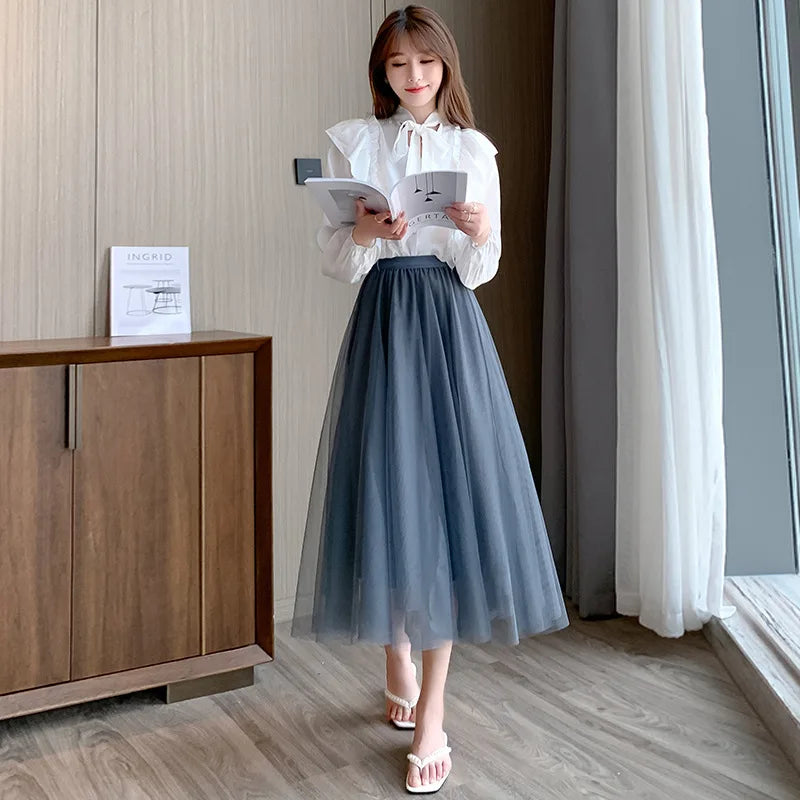 Mesh Skirt 2025 Spring Summer New Style for Women Fashion High Waist Mid-length Elastic Waist A-line Skirt Princess Long Skirt