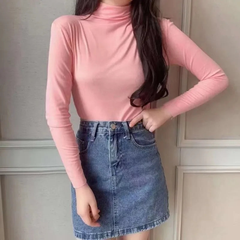 Autumn Winter Women T Shirt Long Sleeve Solid Color Pullover Basic Half Turtleneck Slim Fit Casual Top Korean Fashion Undershirt