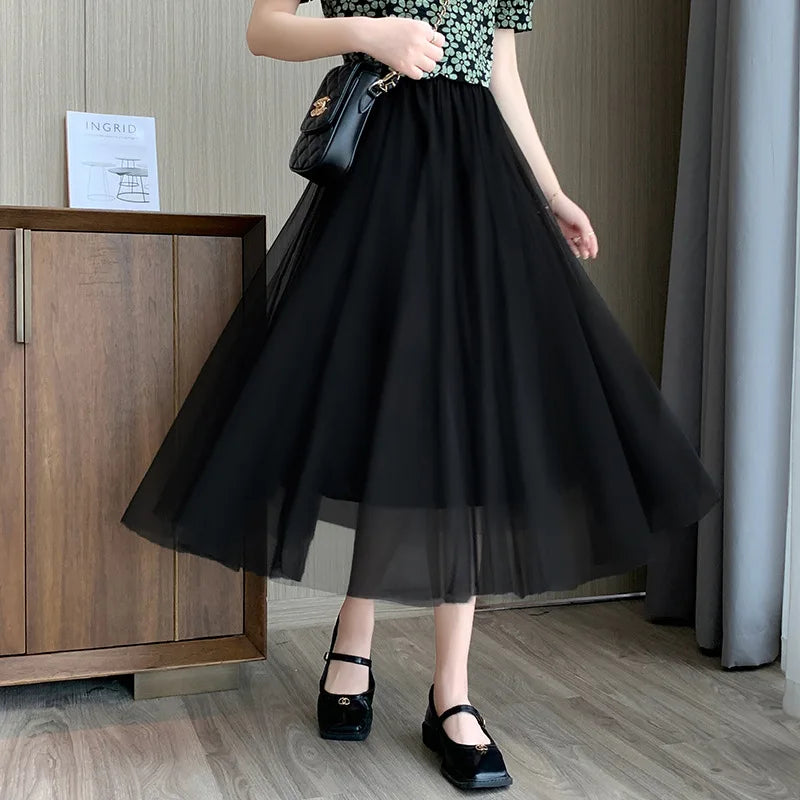 Mesh Skirt 2025 Spring Summer New Style for Women Fashion High Waist Mid-length Elastic Waist A-line Skirt Princess Long Skirt