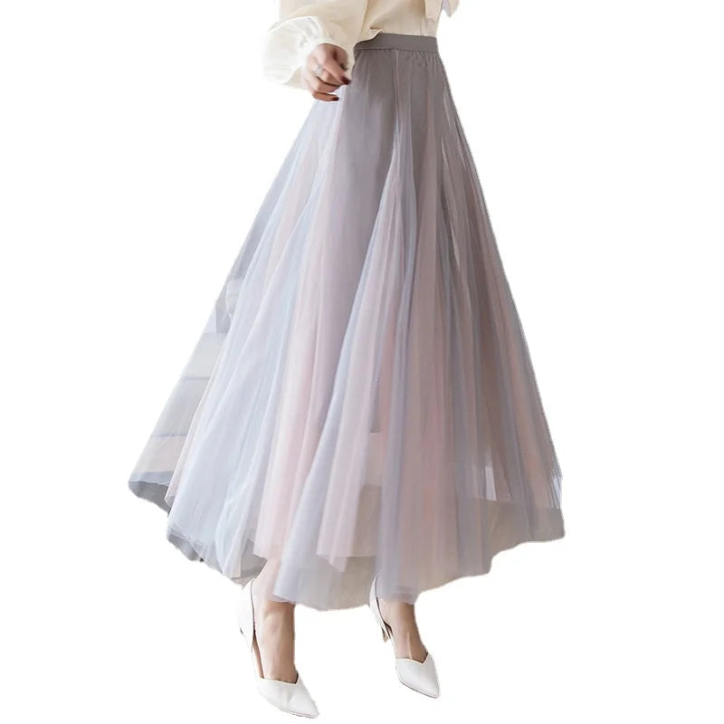 Vintage 100cm Long Tulle Maxi Skirt for Women Korean Style High Waist Elastic Mesh Pleated Tutu Skirt Female Jupe Longue