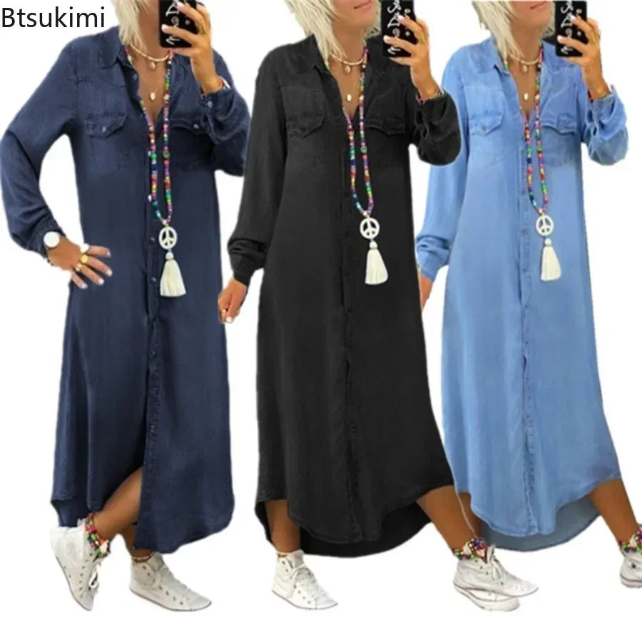 2026 Women's Spring Autumn Denim Dress Blue Long Sleeve Elegant Long Jeans Dresses Female Casual Fashion Holiday Ladies Dress