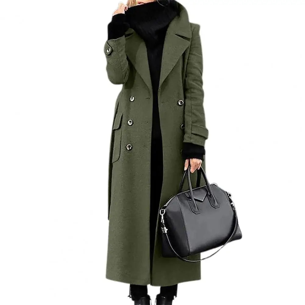 Women Woollen Overcoat Double-breasted Mid-calf Length Long Sleeves Jacket Slim OL Formal Coat