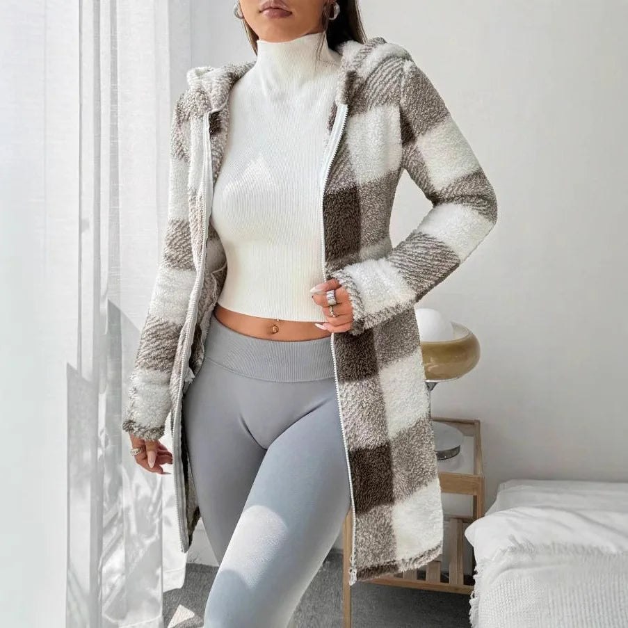 Womens Coats Winter Manteau Winter Warm Plush Pocket Coat Womens Plaid Print Hooded Long Zip Cardigan Sobretudo Feminino Inverno