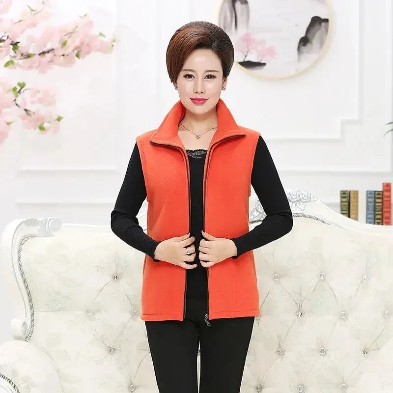 Spring Autumn Women Vest Jacket Middle-Aged Casual Solid Sleeveless Gilet Femme Pocket Short Waistcoat