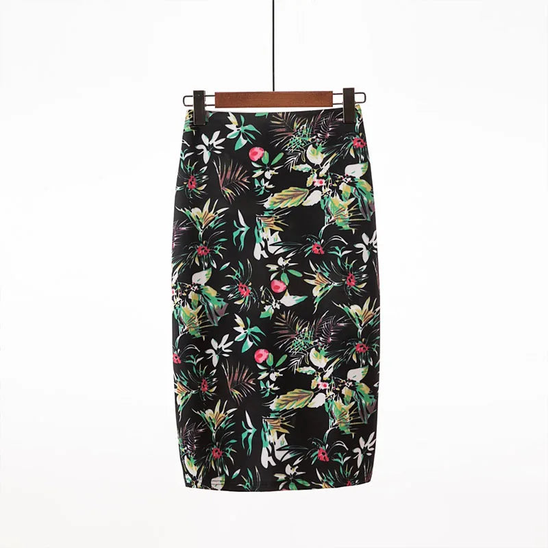 Fashion Midi Skirt For Women Flora Printed High Waist Pencil Skirt Female Causal Flower Bodycon Skirt With Slit