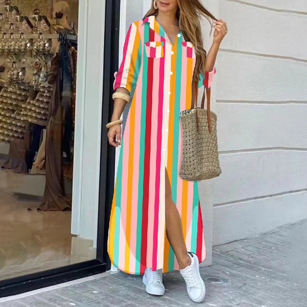Long Dresses For Women 2024 Spring Summer Casual Loose Print Long Shirt Dress Button Long Sleeve Midi Elegant Vintage Vestidos