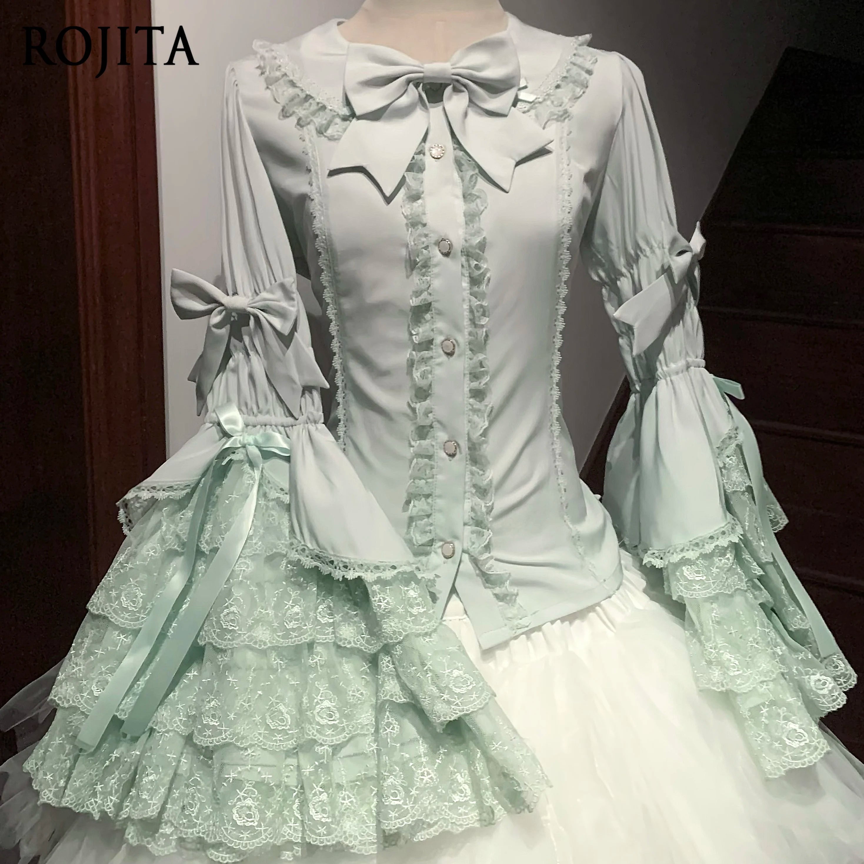 Long Sleeve Tops Spring Autumn Long Sleeve Solid Color Shirts with Mint Doll Collar and Bowknot Single-Breasted Blouse for Women