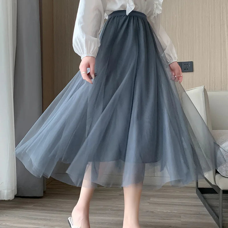 Mesh Skirt 2025 Spring Summer New Style for Women Fashion High Waist Mid-length Elastic Waist A-line Skirt Princess Long Skirt