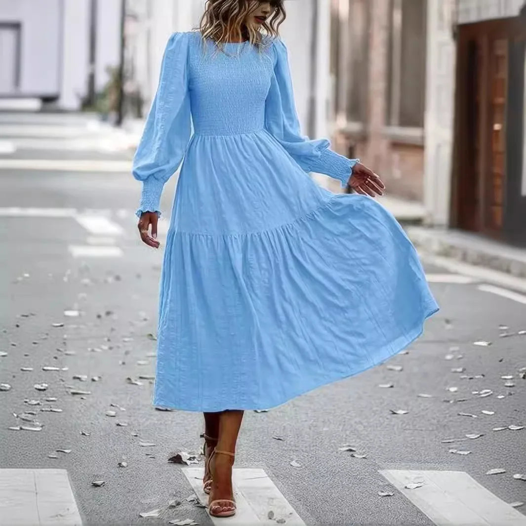 Dress Women Long Dresses A Line Vestidos Streetwear Round Neck Maxi Lantern Sleeve Casual Elegant Splice Y2k High Waist 2025