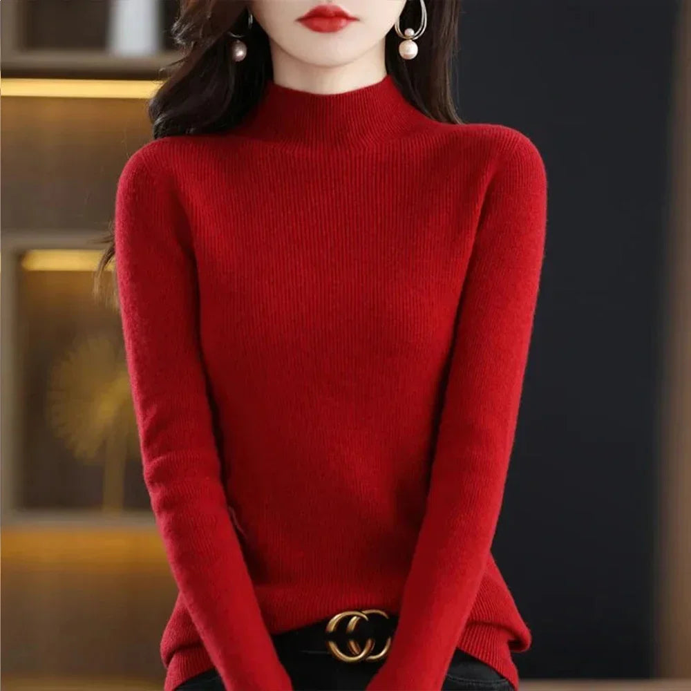 Temperament Pleated Pullover Sweater For Women Long-Sleeve Female S-2XL Siz Half High Collar Underlay Sleeve Sweater Slim Fit