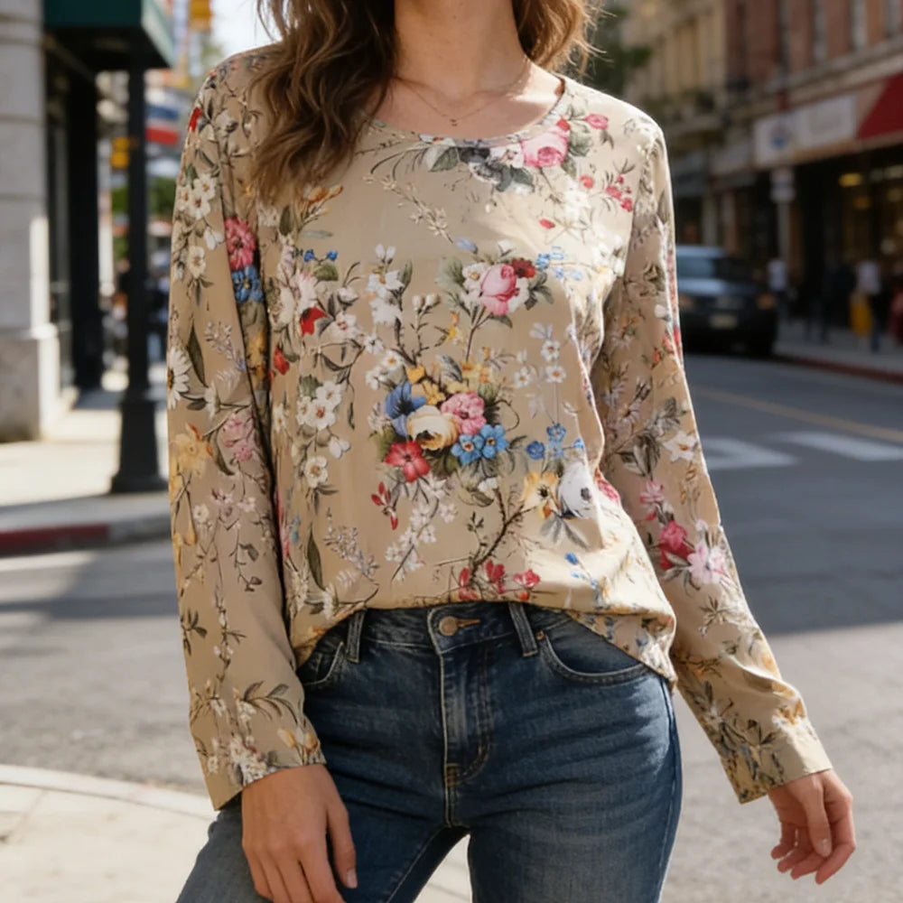 Bohemian Floral Print Long Sleeve Blouse – Casual Loose Fit Top for Women