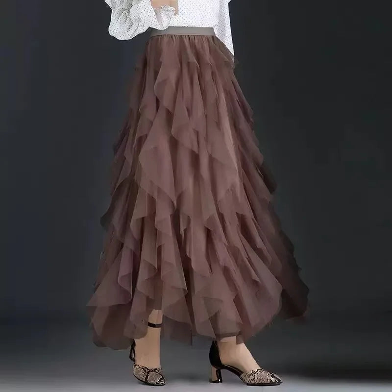 2025 New Fashion Tutu Tulle Skirt Women Long Maxi Skirt Spring Summer Korean Black Pink High Waist Pleated Skirt Female One Size