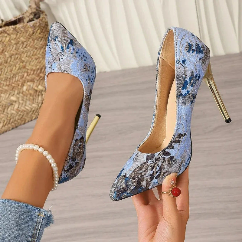Women High Heels Embroidery Pumps 2026 Fashion Show Sexy Shoes Slip on Plus Size Single Shoes Stiletto Pointed Toe Casual Shoes