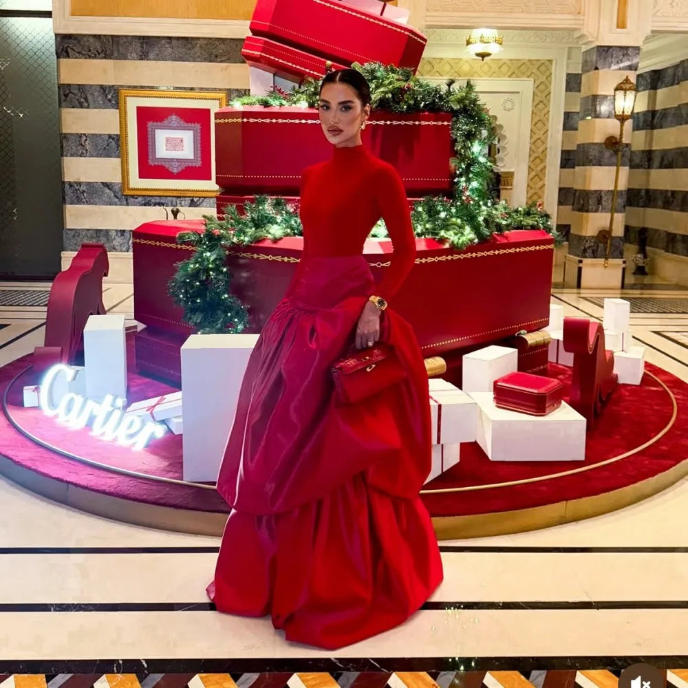 Red Satin Long Maxi Skirts  High Waist Two Layers Women Birthday Skirts Christmas Wear 2026 Celebrity Bridal Skirt