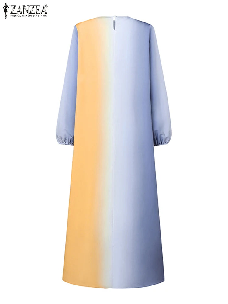 ZANZEA Elegant Women Long Sleeve Contrast Color Robe Maxi Dress Muslim Abaya Hijab Dresses Pleated Vestidos Eid Mubarek Sundress