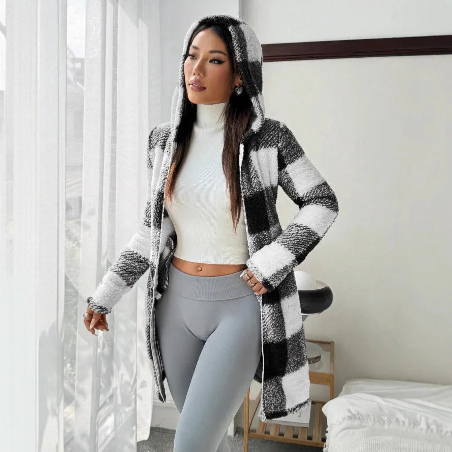 Womens Coats Winter Manteau Winter Warm Plush Pocket Coat Womens Plaid Print Hooded Long Zip Cardigan Sobretudo Feminino Inverno